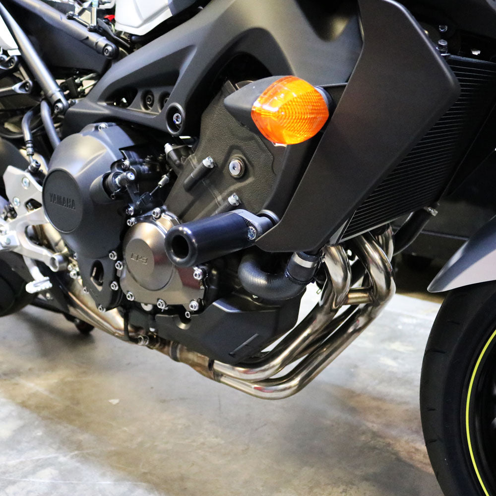 Black Shogun Industries frame sliders for Yamaha YZ bike, designed to protect the body and frame during falls.