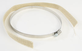SLP Performance exhaust pipe banding kit for 5-1/8 to 7-1/8 inch pipes, shown with metal clamps and tools.