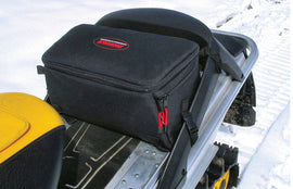 Snobunje Tunnel Bag in black, 8x15x6 inches, mounted on a motorcycle for secure storage of accessories.