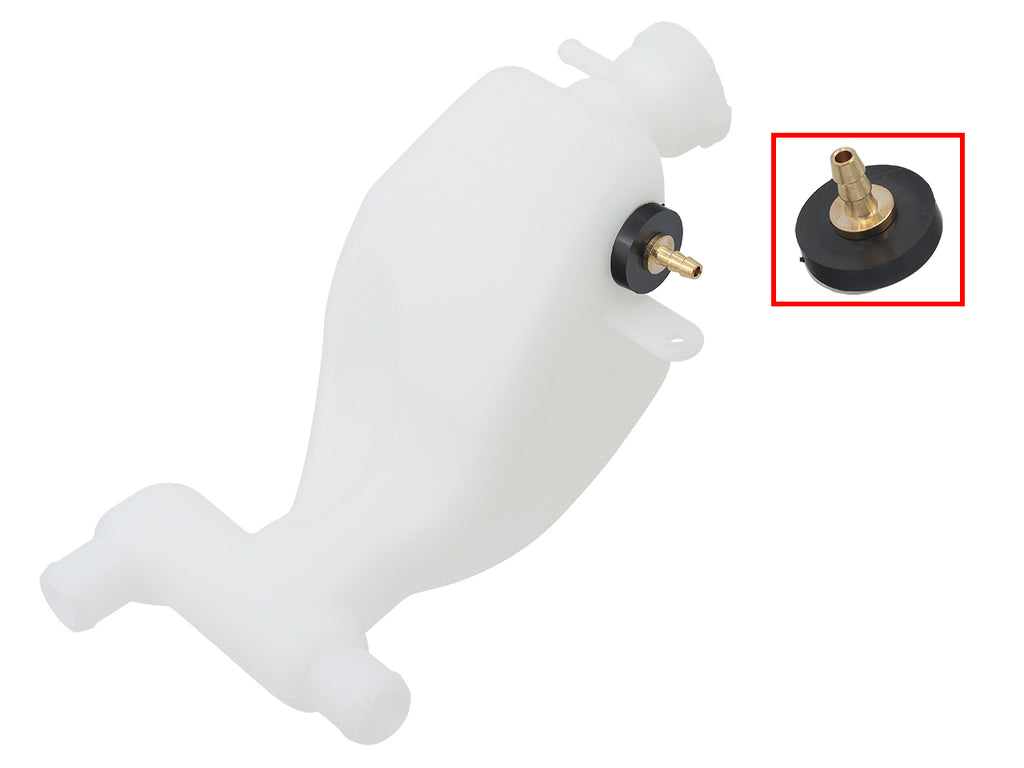 SP1 engine coolant tank without cap, model 12-38402, showing the plastic reservoir with inlet and outlet ports.