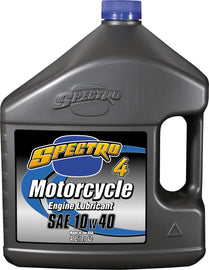 Spectro Premium M/C Petroleum 4T 10W40 motorcycle engine oil in a 4-liter container, designed for high-performance motorcycle engines.