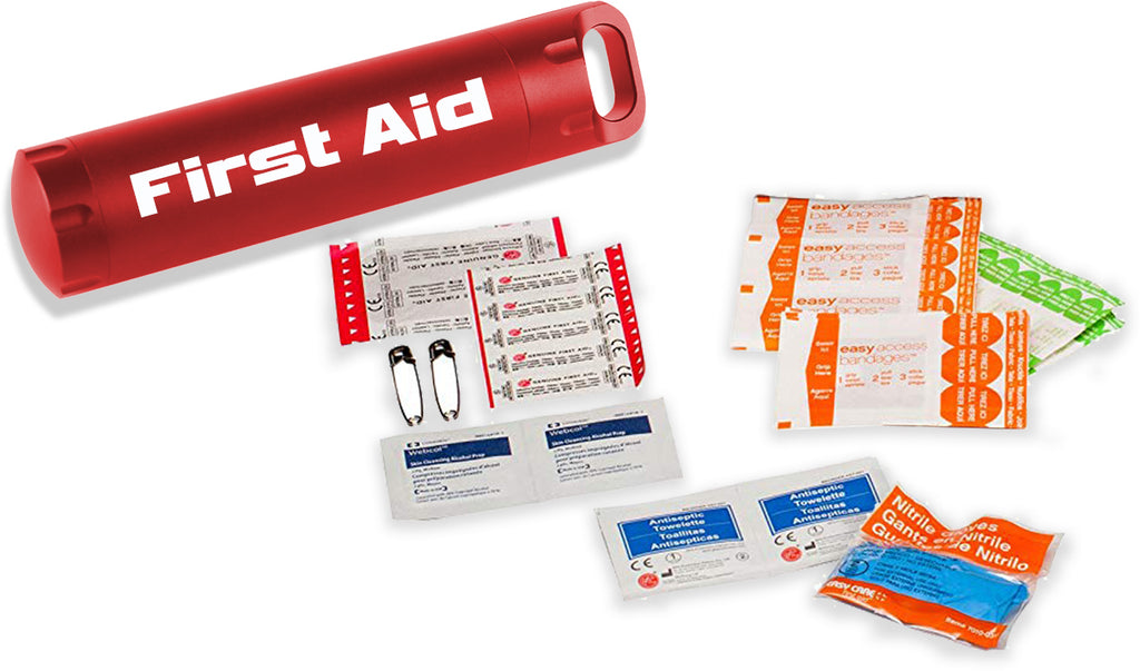 Straightline Performance Hide 'N' Go First Aid Kit in protective safety case, including bandages, antiseptics, and first aid supplies.