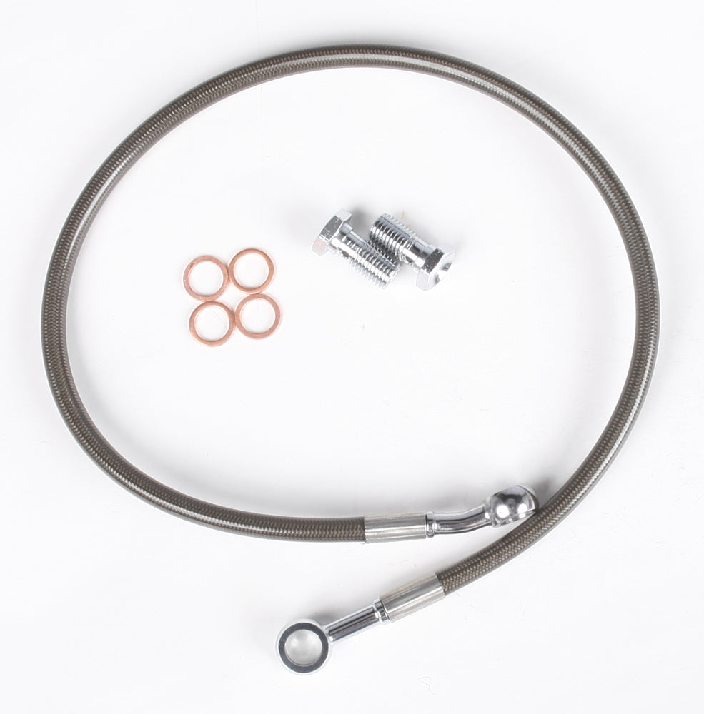 Streamline rear brake line for Honda, smoke finish, compatible with Honda models, showing flexible brake hose with fittings.