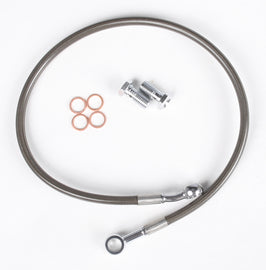 Streamline rear brake line for Honda, smoke finish, compatible with Honda models, showing flexible brake hose with fittings.
