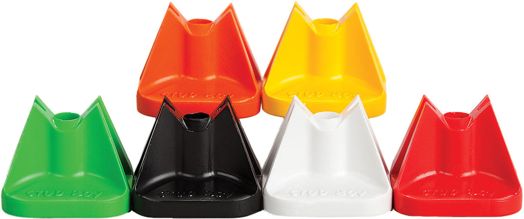 Stud Boy Super-Lite Pro Series single backers for tracks, 0.75-inch, high-visibility yellow, 24-pack for snowmobile tracks.