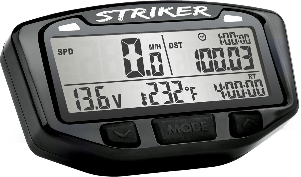Trail Tech Striker Kit with speed, volt, and temperature gauges, featuring digital display and installation components.