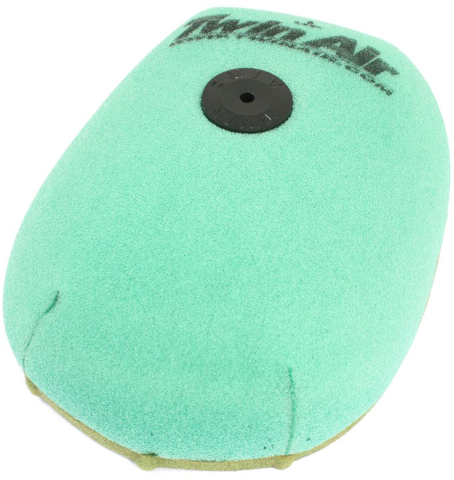 Twin Air pre-oiled air filter 715-0224X showing the clean, foam filter with pre-oiled surface for dirt filtration.