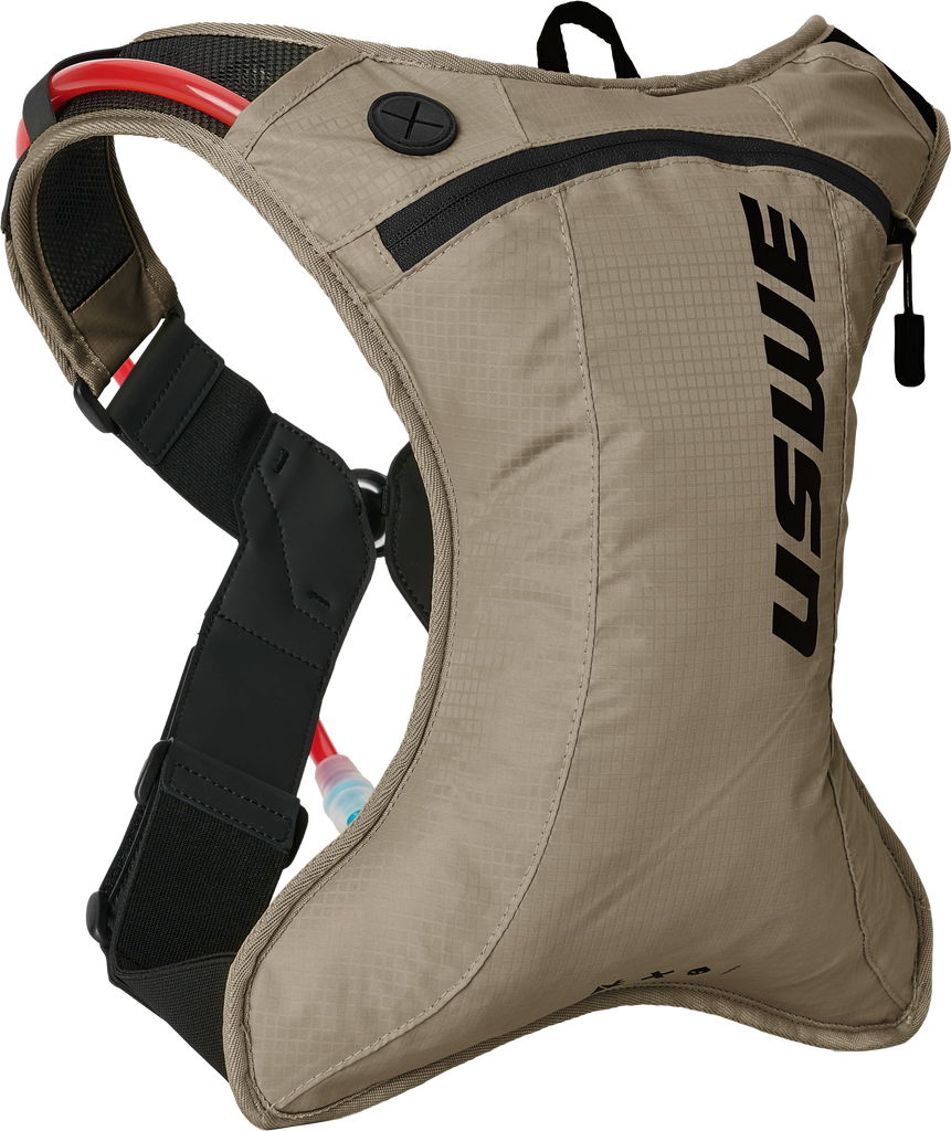 USWE Outlander Moto 2L Hydro Pack in sand color, compact motorcycle luggage with hydration reservoir for riding adventures.