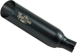 VooDoo Shorty Slip-On Exhaust in black mounted on motorcycle, showcasing sleek design and compact size.