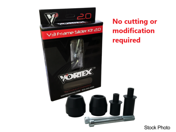 VORTEX Frame Sliders V3 2.0 Black Hon mounted on motorcycle body for protection and style.
