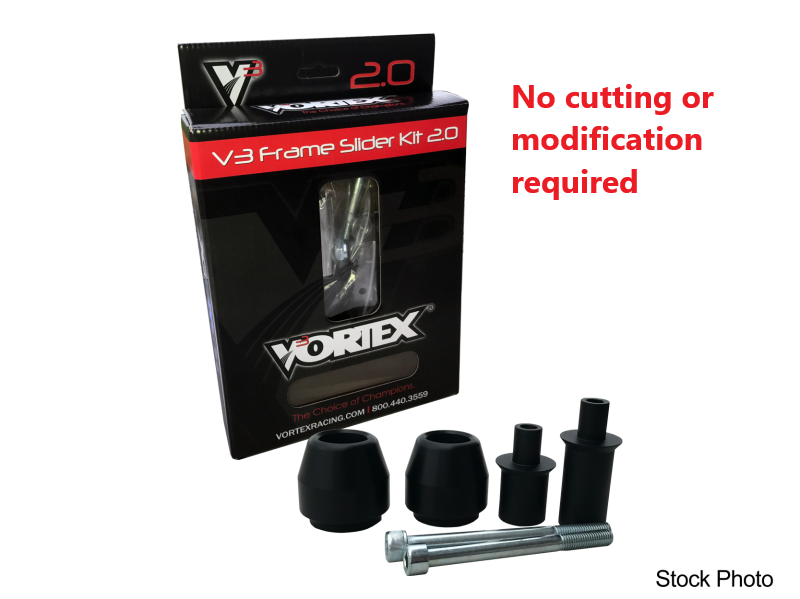 VORTEX Frame Sliders V3 2.0 Black for Kawasaki 3-SR145 motorcycle body protection, shown installed on the bike.