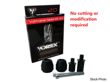 Load image into Gallery viewer, VORTEX Frame Sliders V3 2.0 Mod Req Black Suzuki motorcycle body protection installed on bike frame