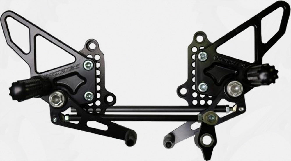 Black VORTEX rear set foot controls for Ducati, complete with foot pegs and shift/brake levers, designed for motorcycle performance.