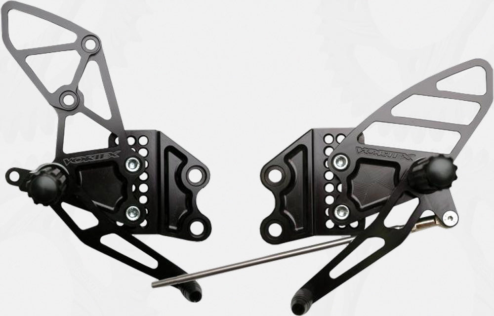 VORTEX rear set foot controls in black for Kawasaki, complete 3-RS405K motorcycle foot controls with adjustable levers.