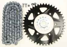 Charger l'image dans la galerie, VORTEX sprocket and chain kit with black steel and aluminum components, featuring 15-tooth and 45-tooth sprockets for motorcycle use.