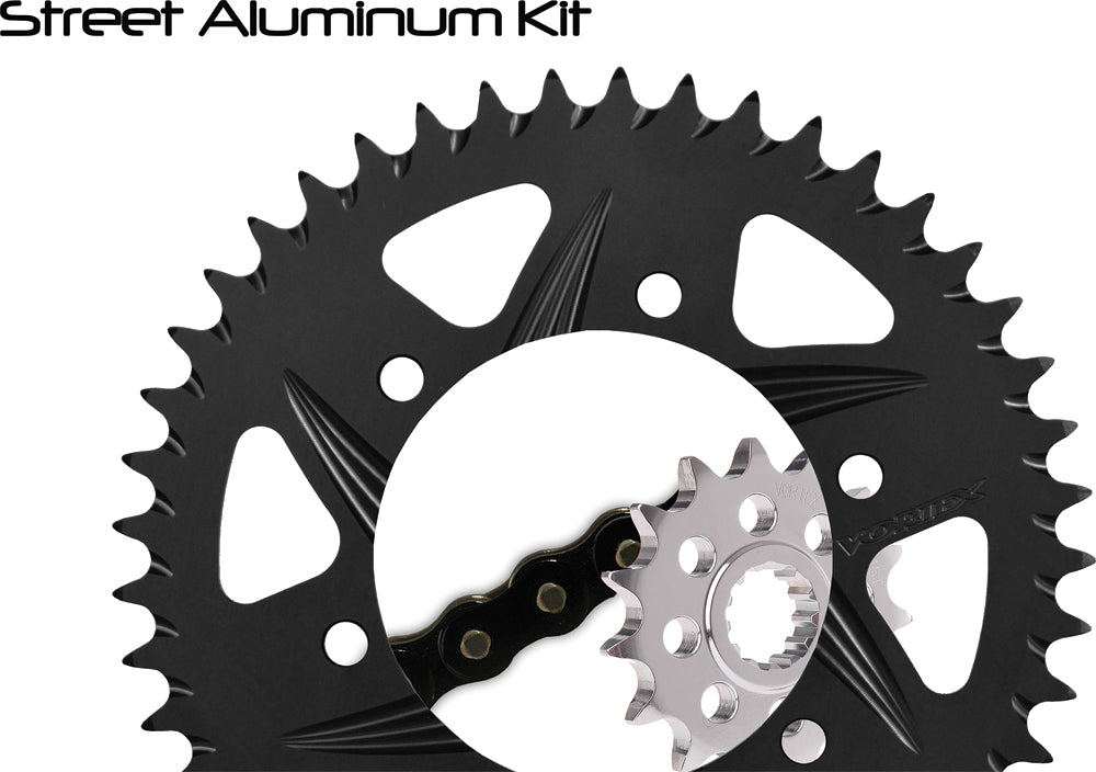 VORTEX Sprocket and Chain Kit with 16/45T black aluminum sprockets for RX3 520 motorcycle, includes chain and mounting hardware.