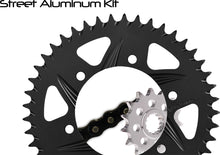 Load image into Gallery viewer, VORTEX Sprocket and Chain Kit with 16/45T black aluminum sprockets for RX3 520 motorcycle, includes chain and mounting hardware.