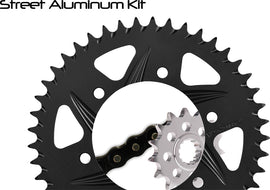 VORTEX Sprocket and Chain Kit with 16/45T black aluminum sprockets for RX3 520 motorcycle, includes chain and mounting hardware.