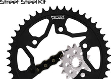 Load image into Gallery viewer, VORTEX sprocket and chain kit with 15/41T sprockets, black finish, for 520-114L motorcycles, includes chain and sprockets.