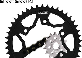 VORTEX sprocket and chain kit with 15/41T sprockets, black finish, for 520-114L motorcycles, includes chain and sprockets.