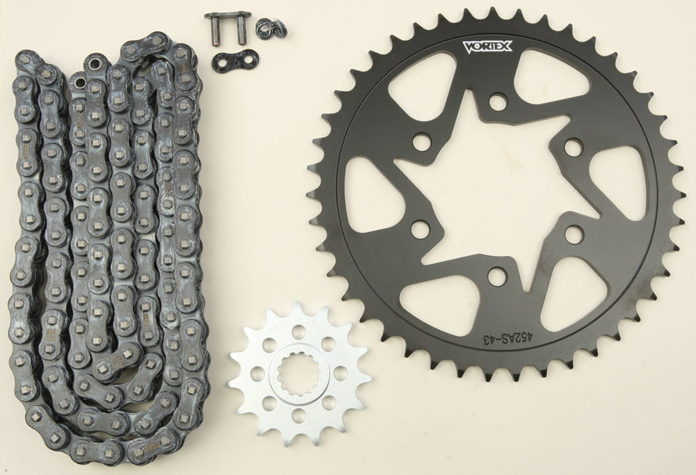 VORTEX Sprocket and Chain Kit with 15/45T steel sprockets in black for SX3 520 motorcycle drive system, showing sprockets and chain.