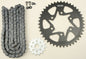 VORTEX Sprocket and Chain Kit with 15/45T steel sprockets in black for SX3 520 motorcycle drive system, showing sprockets and chain.