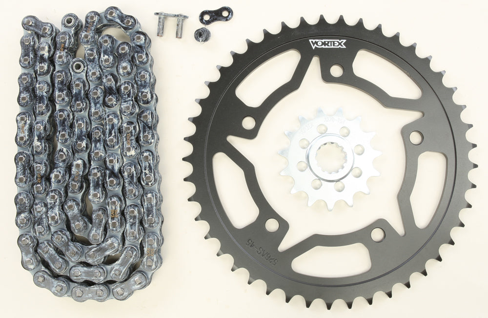 VORTEX Sprocket and Chain Kit Steel 15/45T Silver and Black for SX3 520 motorcycle drivetrain with sprockets and chain