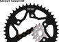 VORTEX sprocket and chain kit with 16/43T steel sprockets in black for 530-114L motorcycles, shown with chain and sprockets.