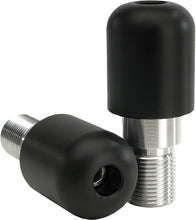 Load image into Gallery viewer, VORTEX black bar end sliders for motorcycles, shown installed on handlebars, offering protection and a sleek look.