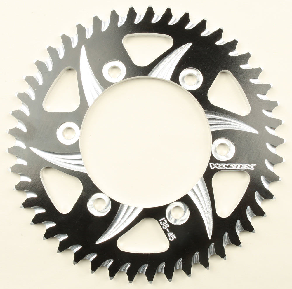 VORTEX rear aluminum 45-tooth Cat5 sprocket for Kaw, Suz, Yam motorcycles, black 530 size with sprocket teeth.