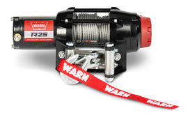 Warn R25 wire rope winch, heavy-duty winch with steel wire rope, designed for off-road recovery and towing applications.