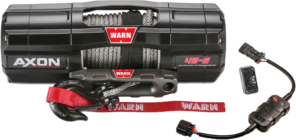 Warn Axon 45-S winch with plow mode, rugged off-road recovery equipment, featuring durable construction and advanced control features.