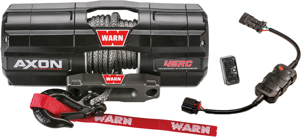 Warn Axon 45rc winch with plow mode, featuring durable construction and control switch, ideal for off-road recovery and heavy-duty use.