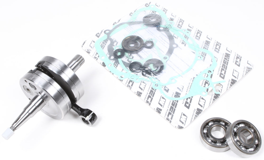 Wiseco Yam WPC125 engine bottom end kit with pistons, crankshaft, and connecting rods for Yamaha motorcycle engine repair.