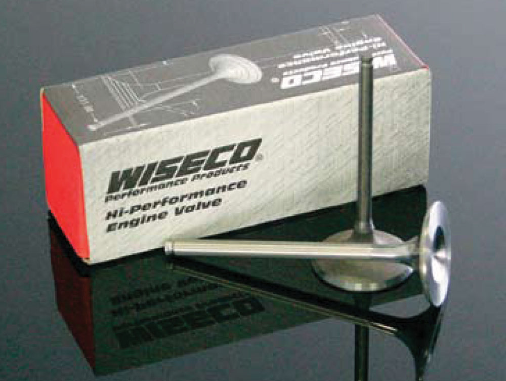 Wiseco Ti intake valve for CRF250R engine 2004-2008, lightweight titanium valve with precise machining and brand logo visible