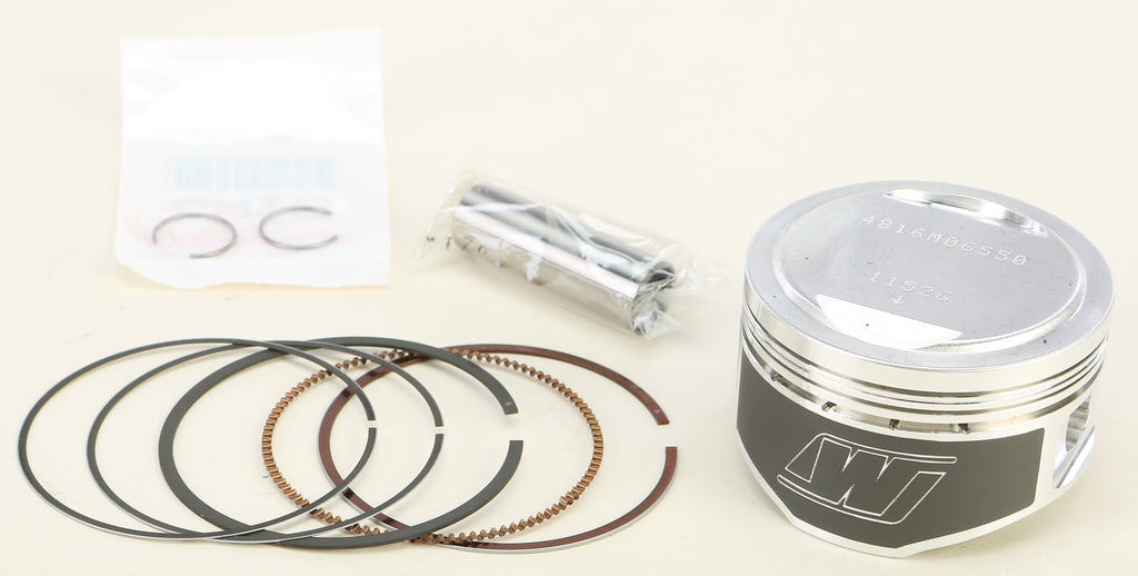 Wiseco Armorglide piston kit with 65.50mm bore, Std size, 11:1 compression ratio, for motorcycle engine rebuilds, includes pistons and components.