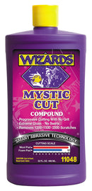 Wizards Products Mystic Cut Compound 57-6325 chemical container with label, used for polishing and finishing automotive surfaces.
