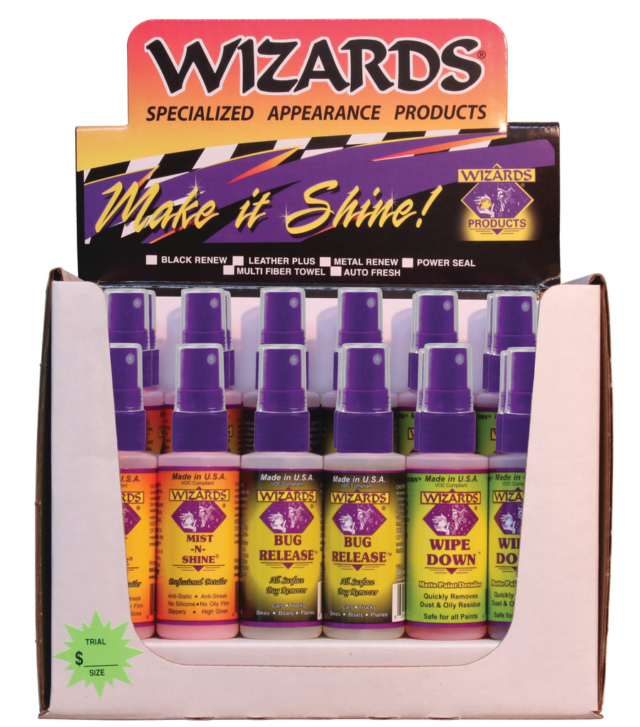 Wizards Products Bike Counter Display with 24 units, featuring promotional signage and product branding on a retail display.