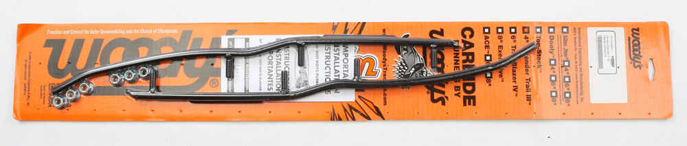 Woodys 4-inch carbide runners for Yamaha skis, durable snowmobile runners with sharp carbide tips for better traction.