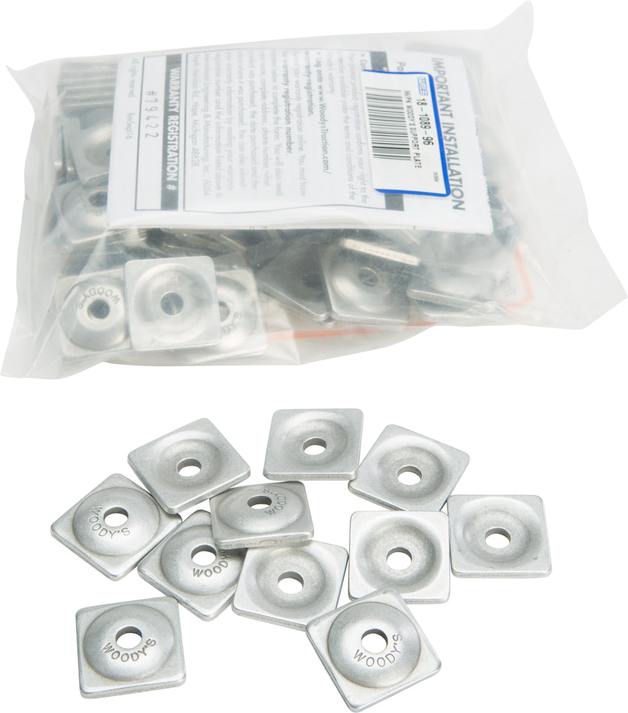 Woodys Digger Support Plates, square aluminum tracks, 1/4 inch thick, shown in a pack of 96 for heavy-duty construction support.