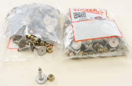 Woodys Signature Series stainless steel tracks with 1.075-inch studs, shown in a pack of 144 pieces, for track applications.
