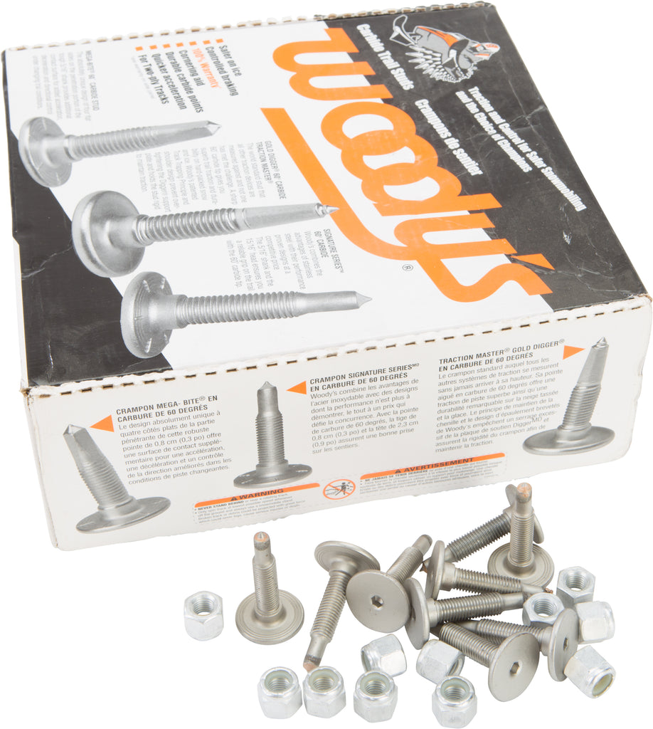 Woodys Signature Series stainless steel tracks with 1.325-inch studs, shown in a pack of 144 for durable track installation.