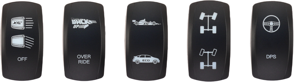 XTC Power Products dash rocker switch faces set of five for replacement, designed for X3 vehicles, black with labeled icons