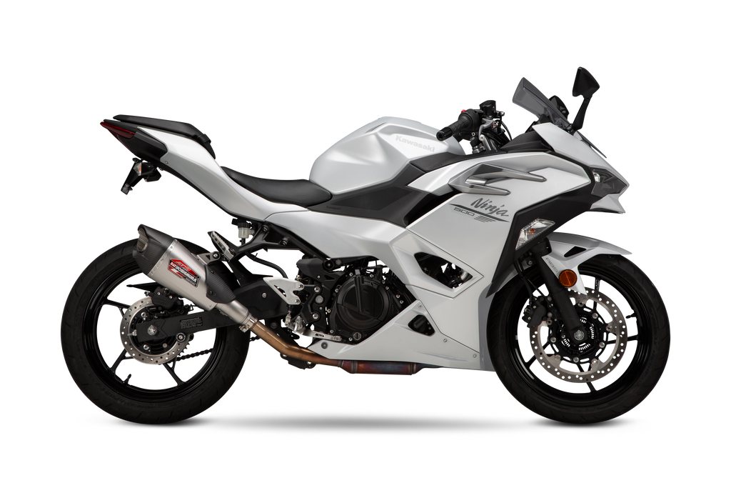 Yoshimura Street At2 Slip-On Exhaust with stainless steel and carbon fiber components, designed for motorcycle performance.