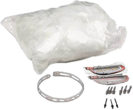 Yoshimura muffler repack kit for Alpha Taper exhaust, including packing material and tools for maintaining motorcycle exhaust performance.