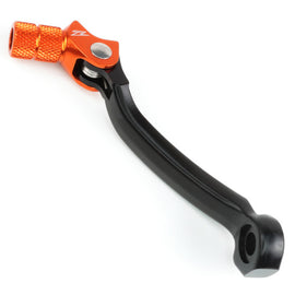ZETA forged orange KTM shift lever for motorcycles, showing the textured grip and sturdy construction.