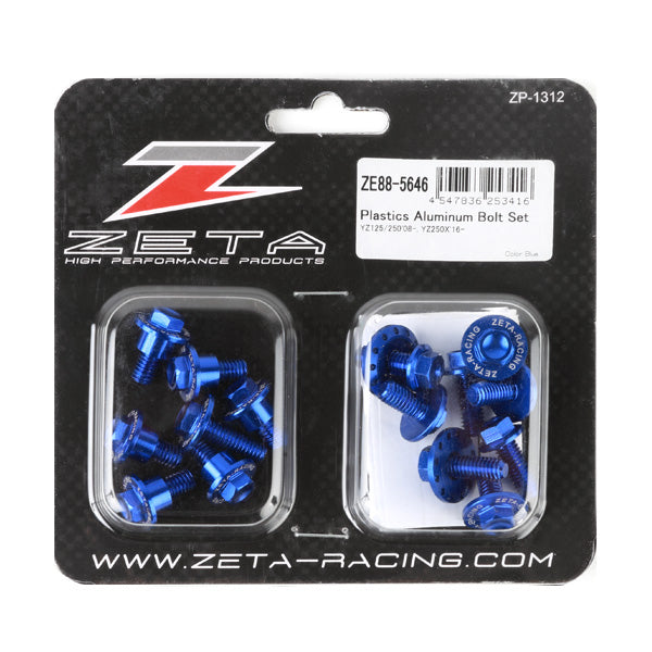 Blue ZETA Aluminum Bolt Kit with six bolts, designed for durable fastening and precise fit in automotive or machinery applications.